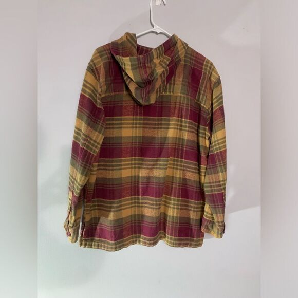 VTG Hooded Flannel Jacket Plaid Lightweight Multi color Size L Red Brown Yellow - Picture 6 of 7